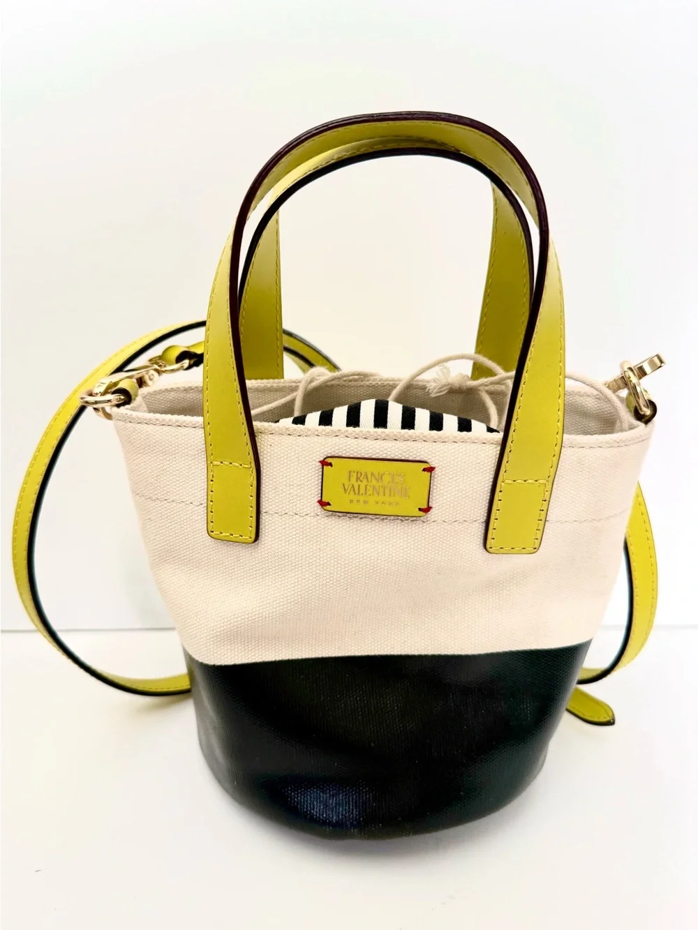 Frances Valentine Small Canvas Dipped Bucket Bag Crossbody Striped Drawstring